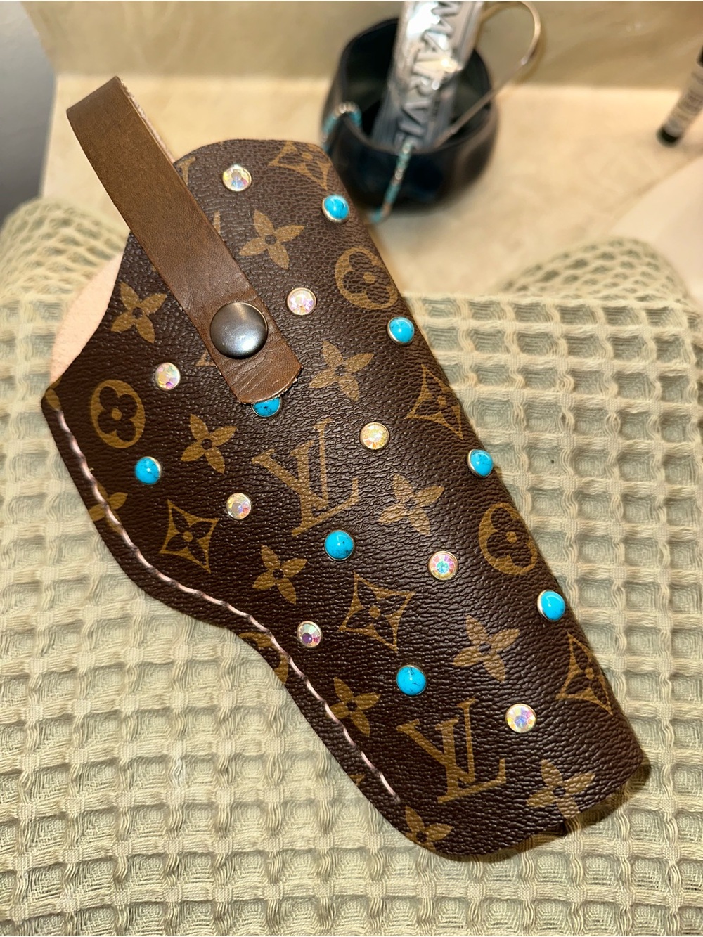 Designer-Inspired Brown Monogram Leather Holster with Turquoise Studs